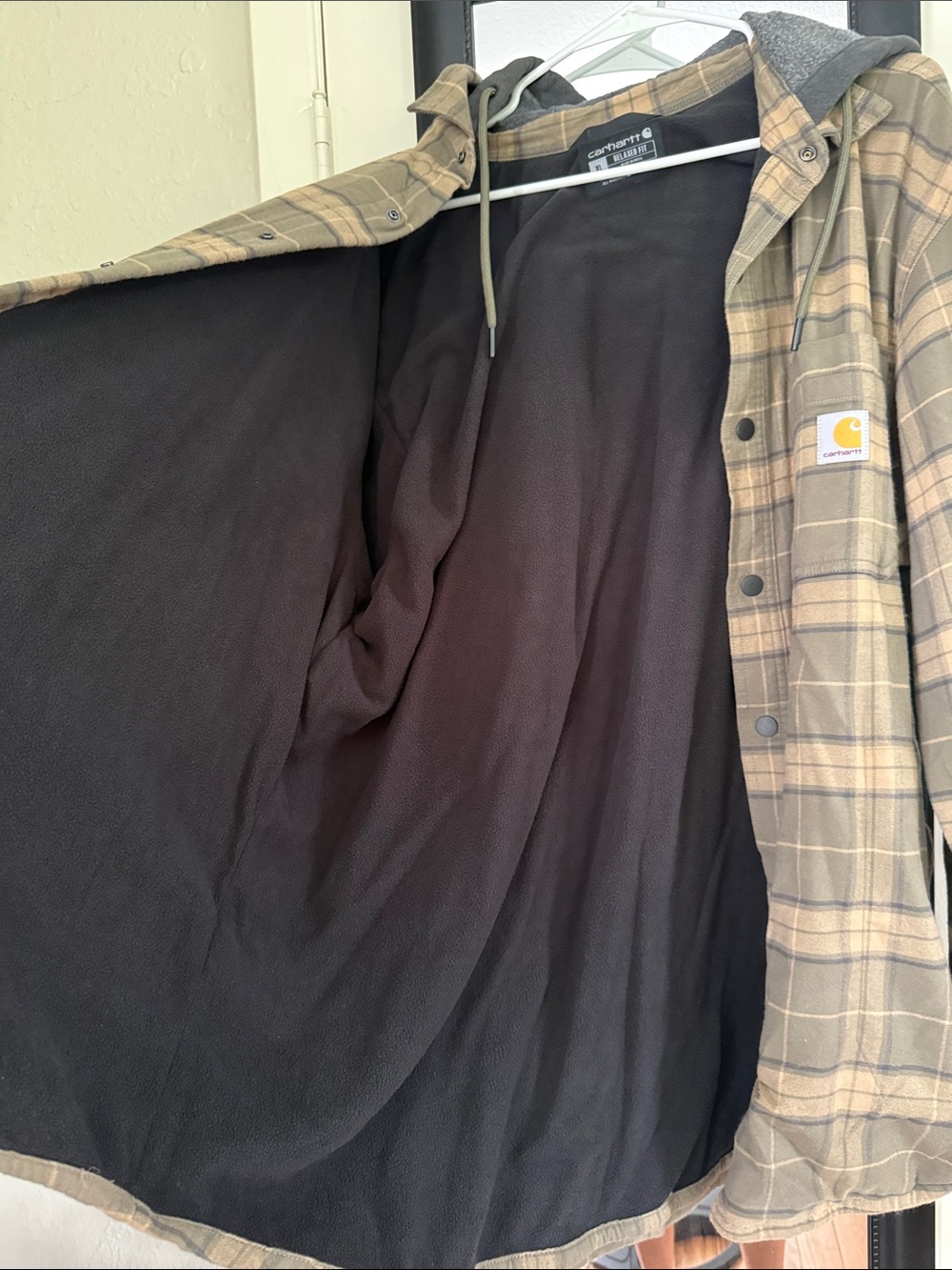 Carhartt Plaid Hooded Flannel Jacket in Olive and Tan - Picture 2 of 3